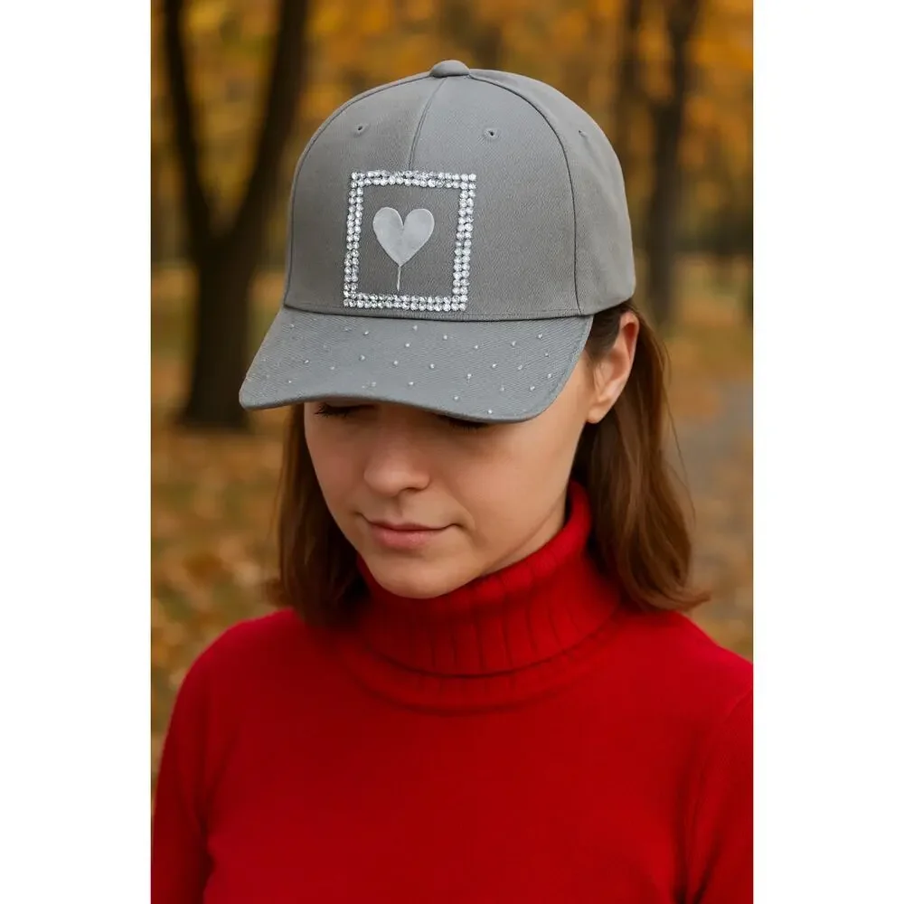Rhinestone Studded Embroidered Heart Streetwear style Bling Baseball Cap Hat